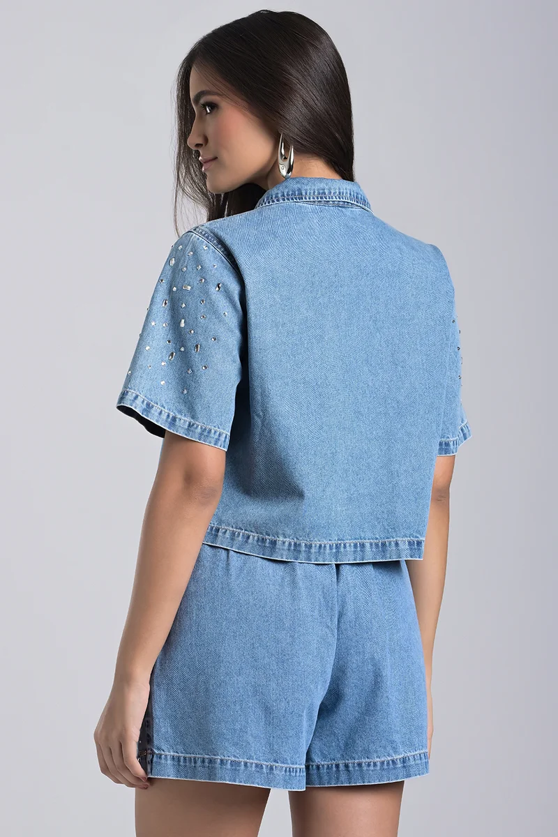 Carmen Steffens Cropped Jeans Shirt with Crystals