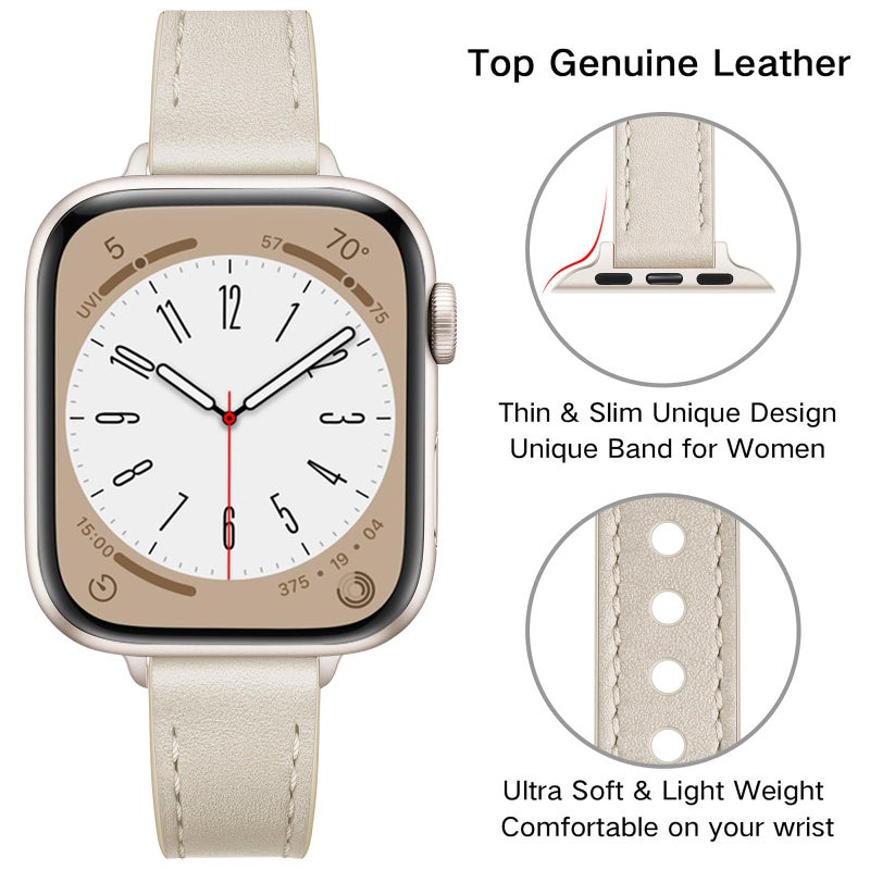 OUHENG Slim Bands Compatible with Apple Watch Band 42mm 41mm 40mm 38mm, Women Genuine Leather Replacement Thin Strap for iWatch SE 3/2/1 Series 11 10 9 8 7 6 5 4 3 2 1 (Starlight/Starlight) - Image 3