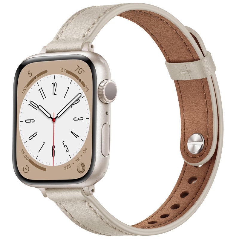 OUHENG Slim Bands Compatible with Apple Watch Band 42mm 41mm 40mm 38mm, Women Genuine Leather Replacement Thin Strap for iWatch SE 3/2/1 Series 11 10 9 8 7 6 5 4 3 2 1 (Starlight/Starlight) - Image 1