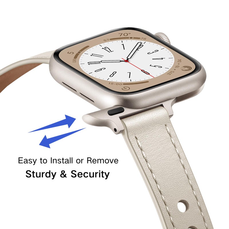 OUHENG Slim Bands Compatible with Apple Watch Band 42mm 41mm 40mm 38mm, Women Genuine Leather Replacement Thin Strap for iWatch SE 3/2/1 Series 11 10 9 8 7 6 5 4 3 2 1 (Starlight/Starlight) - Image 4