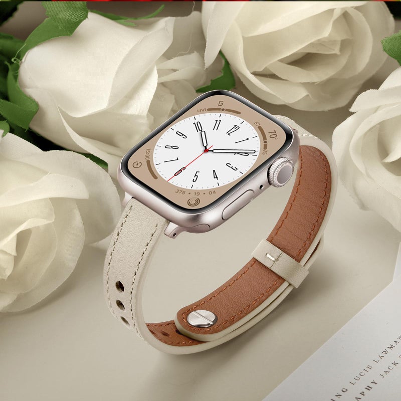 OUHENG Slim Bands Compatible with Apple Watch Band 42mm 41mm 40mm 38mm, Women Genuine Leather Replacement Thin Strap for iWatch SE 3/2/1 Series 11 10 9 8 7 6 5 4 3 2 1 (Starlight/Starlight) - Image 5