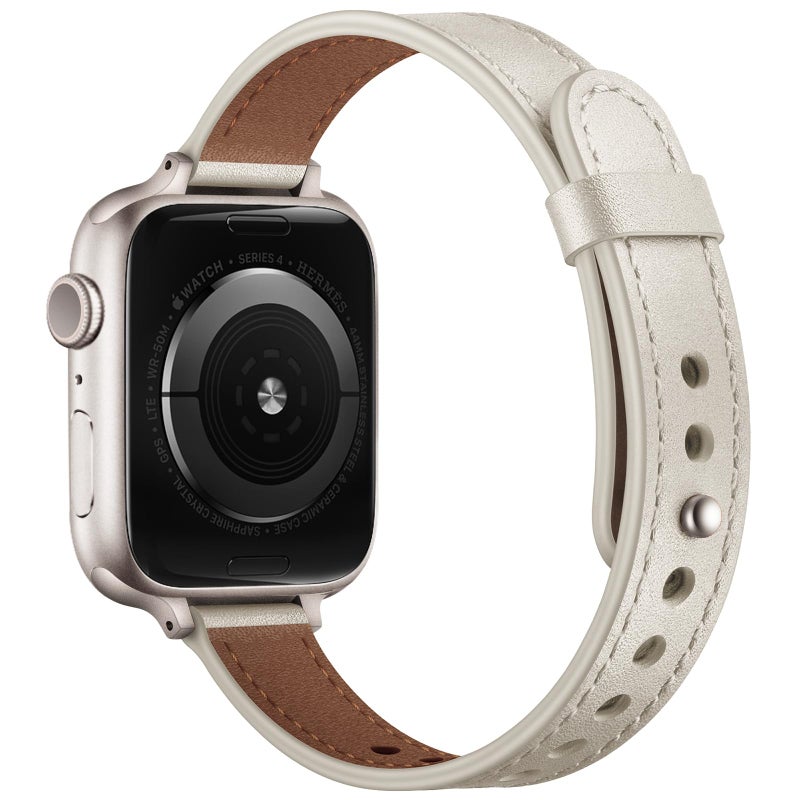 OUHENG Slim Bands Compatible with Apple Watch Band 42mm 41mm 40mm 38mm, Women Genuine Leather Replacement Thin Strap for iWatch SE 3/2/1 Series 11 10 9 8 7 6 5 4 3 2 1 (Starlight/Starlight) - Image 2