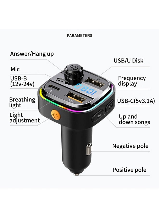 Car Bluetooth Adapter, FM Transmitter Bluetooth 5.0, Audio Receiver Car Charger MP3 Player, LED Display Hands-Free Calling, Light Switch, HiFi Bass Sound, Fast Charging - Image 2