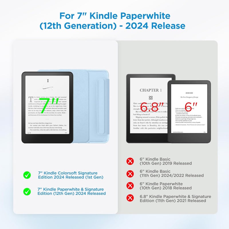 SESENSE Detachable Magnetic Case for 7'' Kindle Paperwhite 12th Gen 2024 and Kindle Colorsoft Signature Edition, Slim PU Shell Cover Case with Auto Wake/Sleep, Light Blue - Image 2