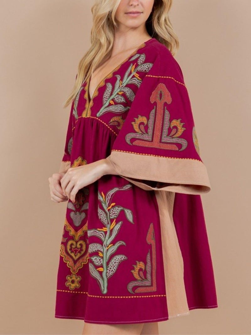 Joiemont Womens Oversized Embroidered Dress with V-Neck and 3/4 Sleeves Vintage Embroidery Babydoll Dress(0603-WineRed-S) - Image 3