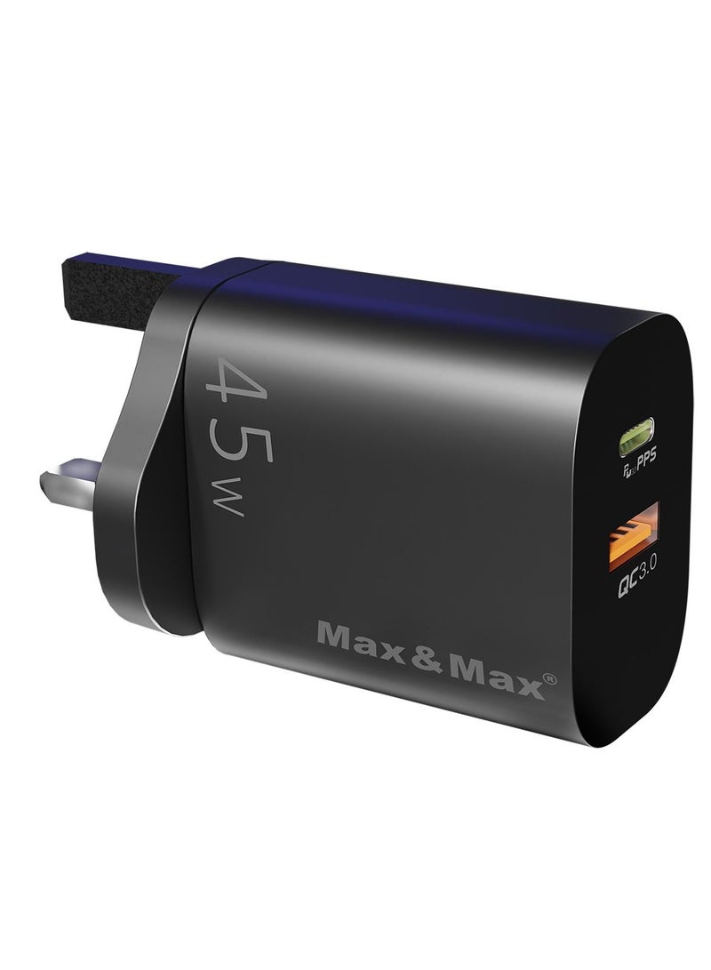 Max & Max 45W GaN Fast Charger Dual Port USB-A & Type-C Adapter – Compatible with iPhone, Samsung, Android, iPad, Lenovo & More – Black - Image 1