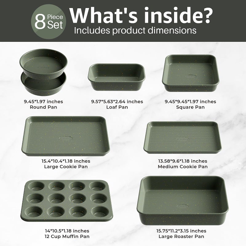 Slow Slog 8-Piece Nonstick Bakeware Set, Stackable Oven Pan Set Includes Baking Sheet, Muffin Pan, Cake Pan, Square Pan, Loaf Pan, Cookie Sheet & Cooling Rack (Ceramic Coated Green) - Image 3