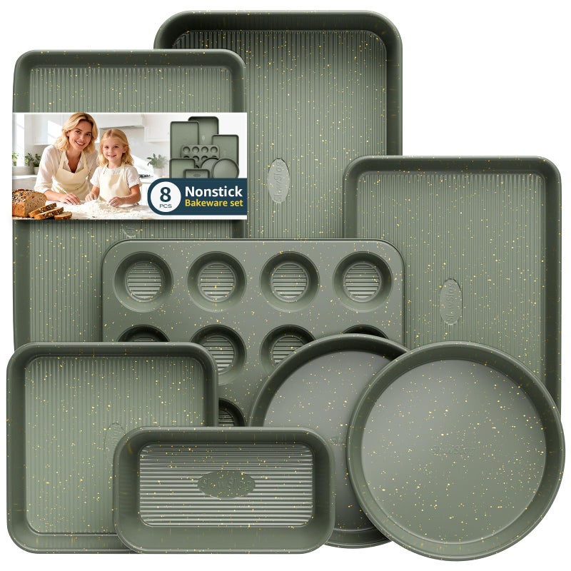 Slow Slog 8-Piece Nonstick Bakeware Set, Stackable Oven Pan Set Includes Baking Sheet, Muffin Pan, Cake Pan, Square Pan, Loaf Pan, Cookie Sheet & Cooling Rack (Ceramic Coated Green) - Image 1