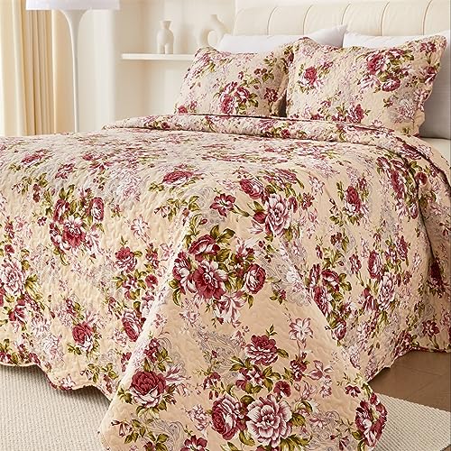Cmfshape Summer Floral Queen Quilted Bedspread,Romantic Red Quilt Set,Reversible Stitched Bedding Cover All Season,Soft Lightweight Coverlet with Pillow Cases (Red Rose, Queen(90"x90")) - Image 3