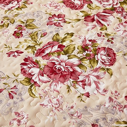 Cmfshape Summer Floral Queen Quilted Bedspread,Romantic Red Quilt Set,Reversible Stitched Bedding Cover All Season,Soft Lightweight Coverlet with Pillow Cases (Red Rose, Queen(90"x90")) - Image 4