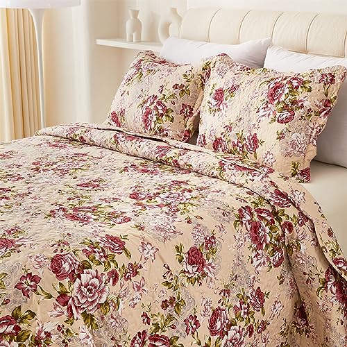 Cmfshape Summer Floral Queen Quilted Bedspread,Romantic Red Quilt Set,Reversible Stitched Bedding Cover All Season,Soft Lightweight Coverlet with Pillow Cases (Red Rose, Queen(90"x90")) - Image 1