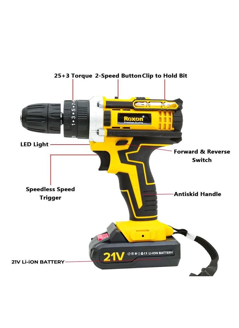 Roxon - ROXON 21V Cordless Impact Cordless Screwdriver Drill Machine and Tool Kit  With 2 Li-ion Rechargeable Battery 1500 MAh RX21VCD - Image 1