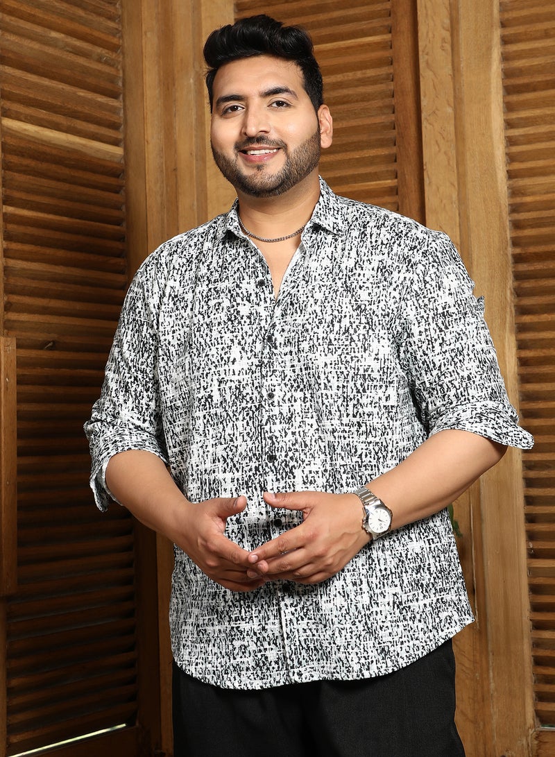 Instafab Plus Men's Cream White & Onyx Black Static-Imprint Shirt For Casual Wear | Spread Collar | Long Cuffed Sleeves | Button Closure | Plus Size Shirt Crafted With Comfort Fit For Everyday Wear - Image 2