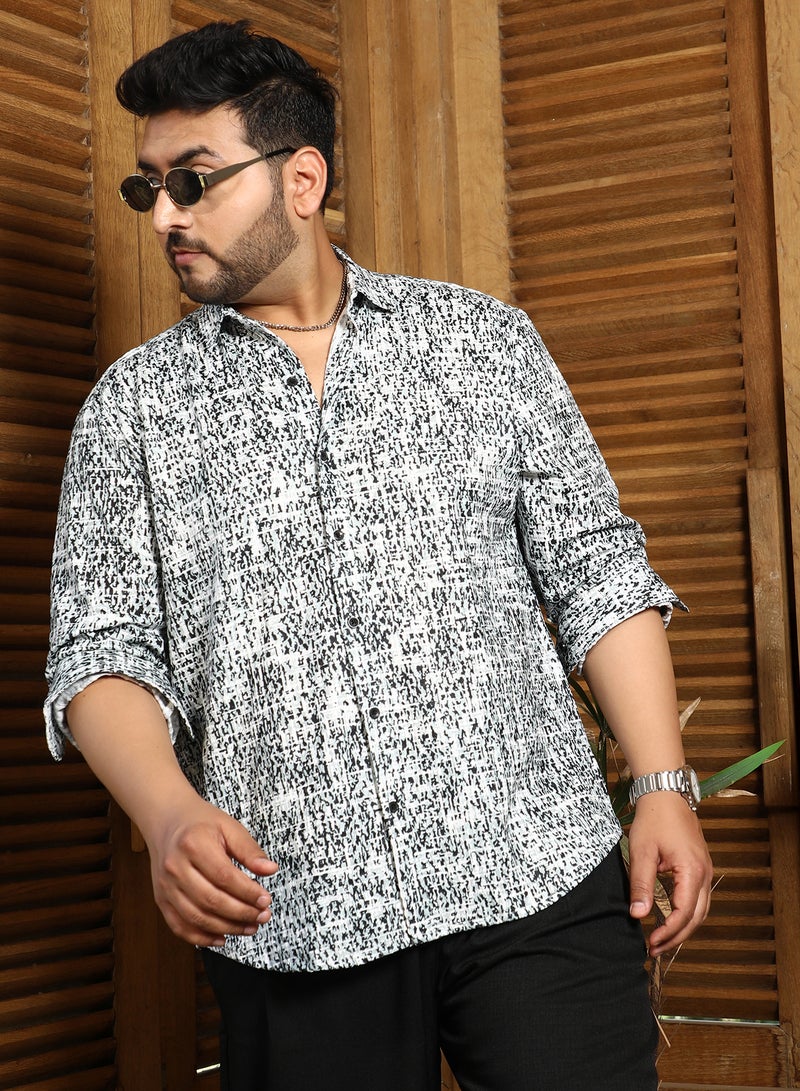 Instafab Plus Men's Cream White & Onyx Black Static-Imprint Shirt For Casual Wear | Spread Collar | Long Cuffed Sleeves | Button Closure | Plus Size Shirt Crafted With Comfort Fit For Everyday Wear - Image 1