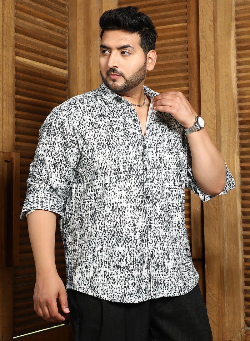 Instafab Plus Men's Cream White & Onyx Black Static-Imprint Shirt For Casual Wear | Spread Collar | Long Cuffed Sleeves | Button Closure | Plus Size Shirt Crafted With Comfort Fit For Everyday Wear - Image 3