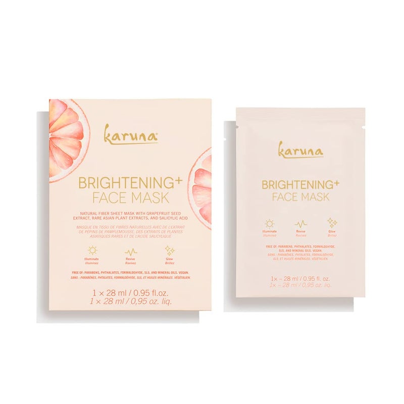 Karuna Karuna Brightening+ Face Mask Sheets, Facial and Beauty Skin Care Essential to Brighten Skin and Reduce Hyperpigmentation or Dark Spots, Contains Grapefruit Seed Extract and Salicylic Acid (1 Sheet) 