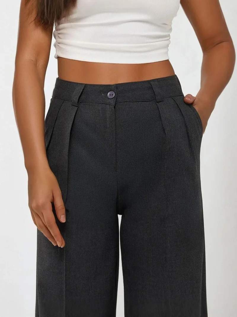 HICCUP Charcoal Grey High Waist Palazzo Wide Leg Pants for Women | Best Price UAE