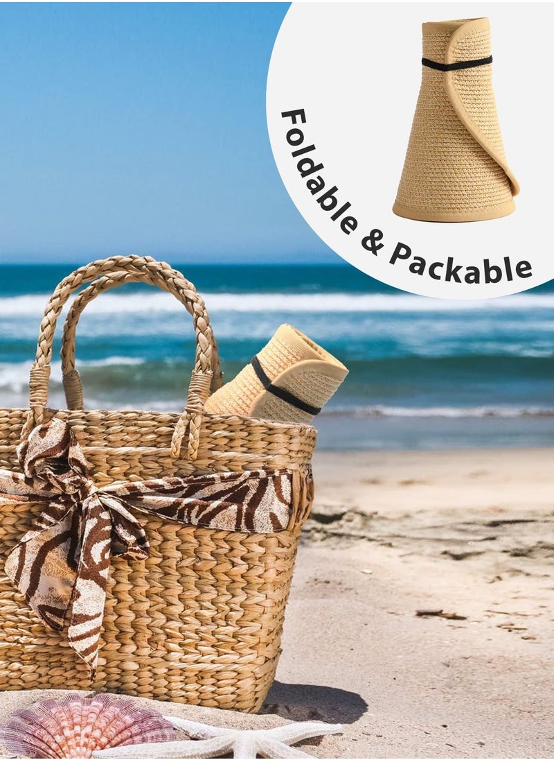 Generic - Sun Visor Hats for Women Wide Brim Straw Roll-Up Ponytail Summer Beach Hat UV UPF Packable Foldable Travel - Image 1