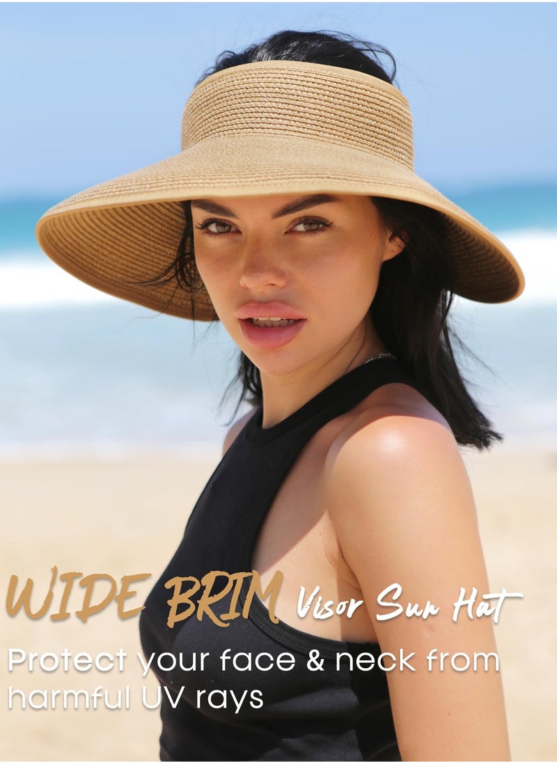 Generic - Sun Visor Hats for Women Wide Brim Straw Roll-Up Ponytail Summer Beach Hat UV UPF Packable Foldable Travel - Image 1