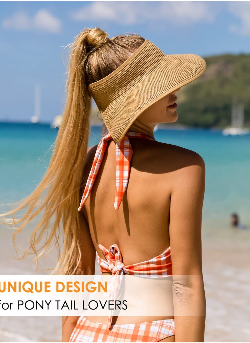 Generic - Sun Visor Hats for Women Wide Brim Straw Roll-Up Ponytail Summer Beach Hat UV UPF Packable Foldable Travel - Image 1