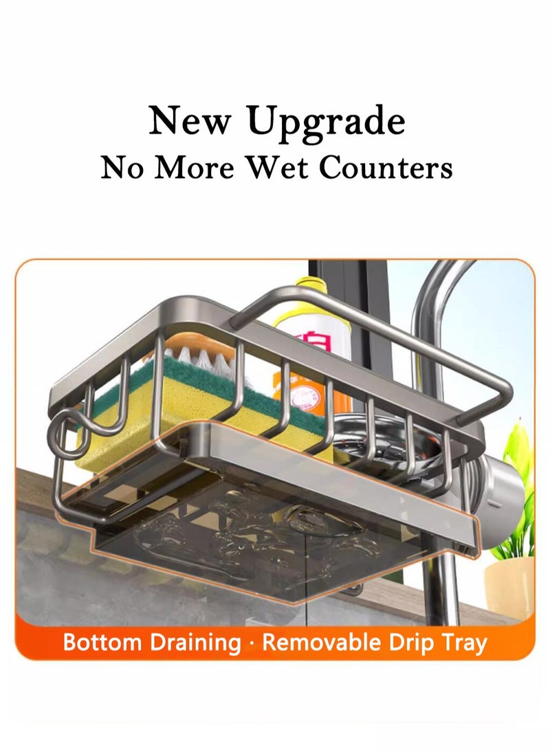 Hihonor Dishwashing Sponge Holder, Sink Caddy Faucet Organizer, Over Faucet, Space Aluminum, Detachable Drip Tray, No Drill Clamp, Hidden Hooks, Towel Bar, Rustproof, Fits 1.8–2.8 cm Pipe - Image 3