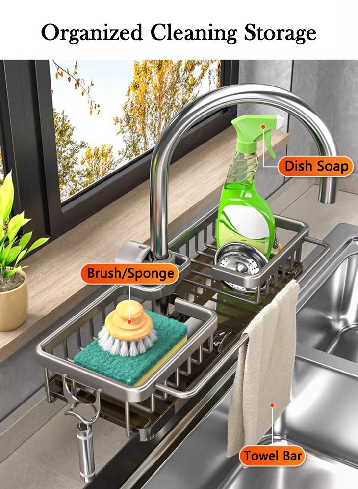 Hihonor Dishwashing Sponge Holder, Sink Caddy Faucet Organizer, Over Faucet, Space Aluminum, Detachable Drip Tray, No Drill Clamp, Hidden Hooks, Towel Bar, Rustproof, Fits 1.8–2.8 cm Pipe - Image 2