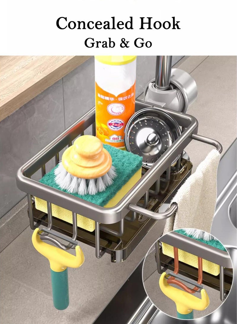Hihonor Dishwashing Sponge Holder, Sink Caddy Faucet Organizer, Over Faucet, Space Aluminum, Detachable Drip Tray, No Drill Clamp, Hidden Hooks, Towel Bar, Rustproof, Fits 1.8–2.8 cm Pipe - Image 4