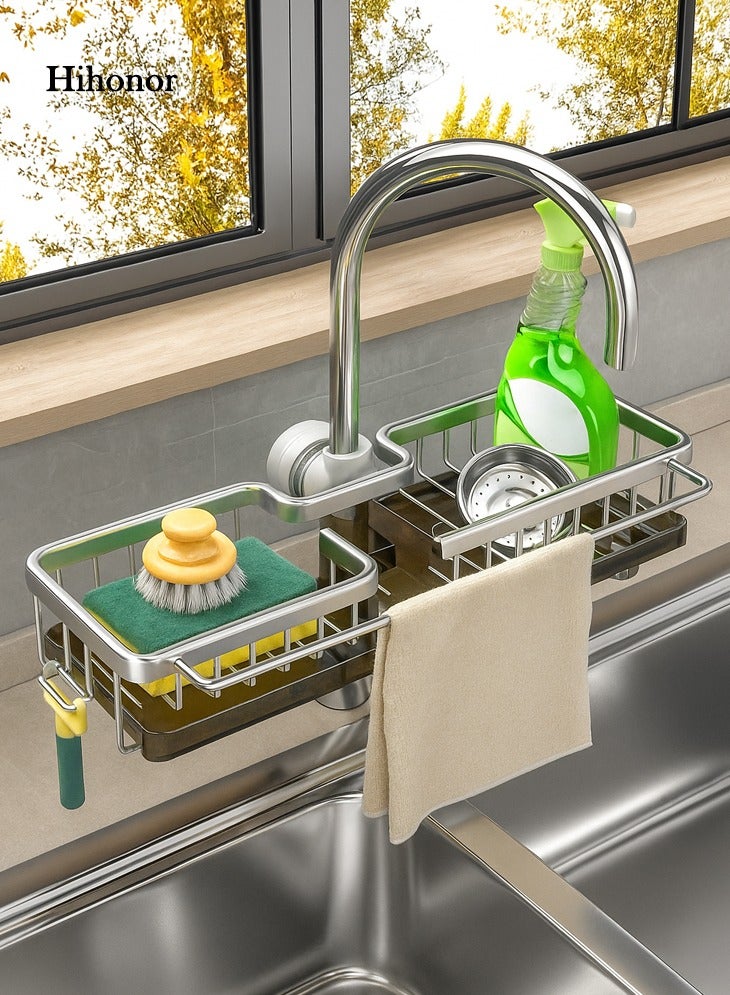Hihonor Dishwashing Sponge Holder, Sink Caddy Faucet Organizer, Over Faucet, Space Aluminum, Detachable Drip Tray, No Drill Clamp, Hidden Hooks, Towel Bar, Rustproof, Fits 1.8–2.8 cm Pipe - Image 1