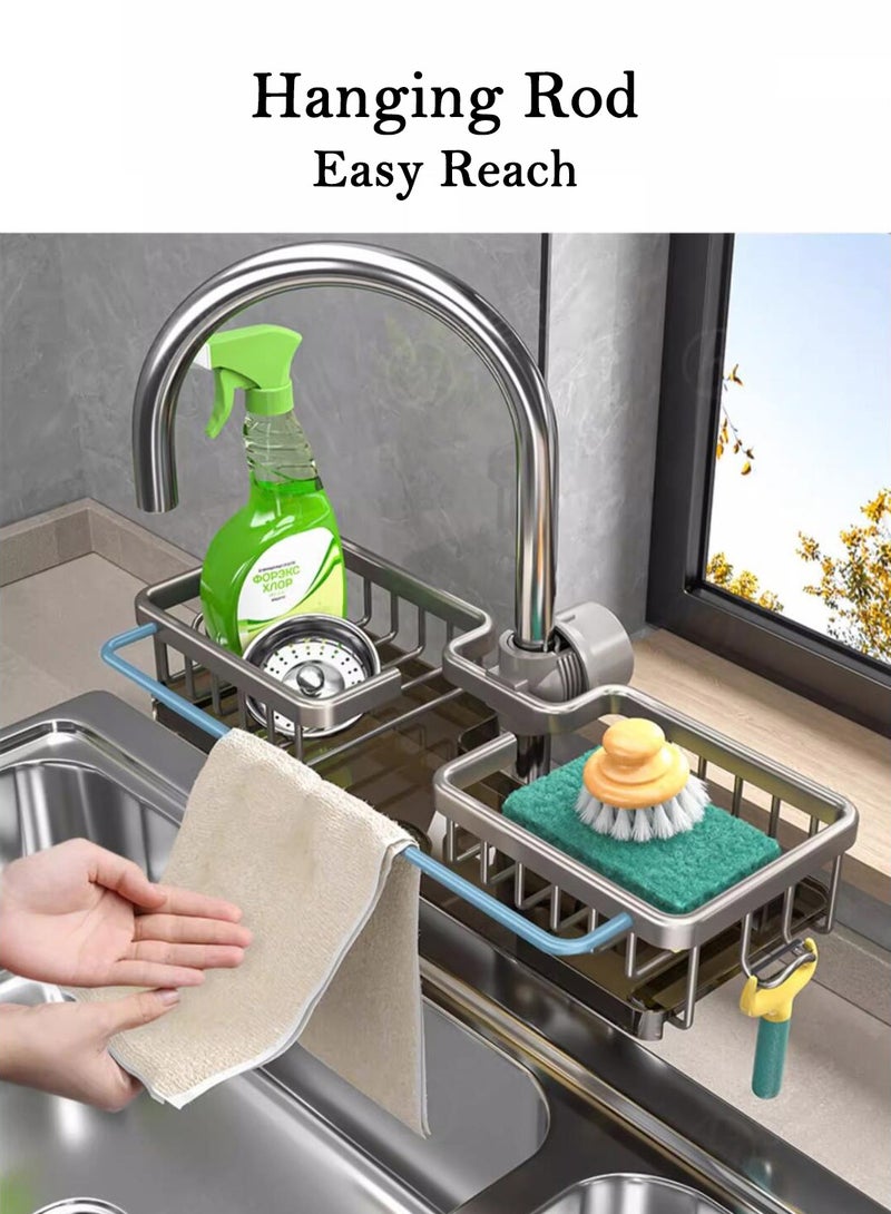 Hihonor Dishwashing Sponge Holder, Sink Caddy Faucet Organizer, Over Faucet, Space Aluminum, Detachable Drip Tray, No Drill Clamp, Hidden Hooks, Towel Bar, Rustproof, Fits 1.8–2.8 cm Pipe - Image 5