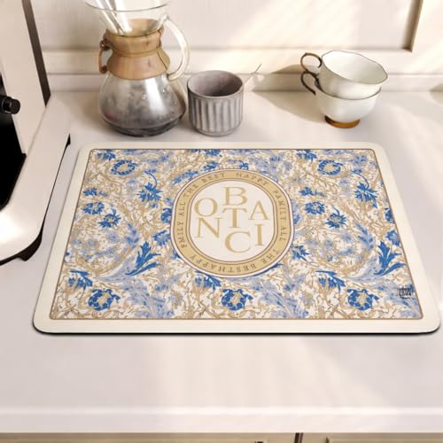 Home-Cloud HomeCloud Super Absorbent Dish Drying Mat for Kitchen Counter – Non-Slip, Heat-Resistant Rack Pad – Hides Stains, Ideal for Dishes, Coffee Maker & Kitchen Appliances (Beige_Blue_Botanica, 50x40 cm) - Image 1