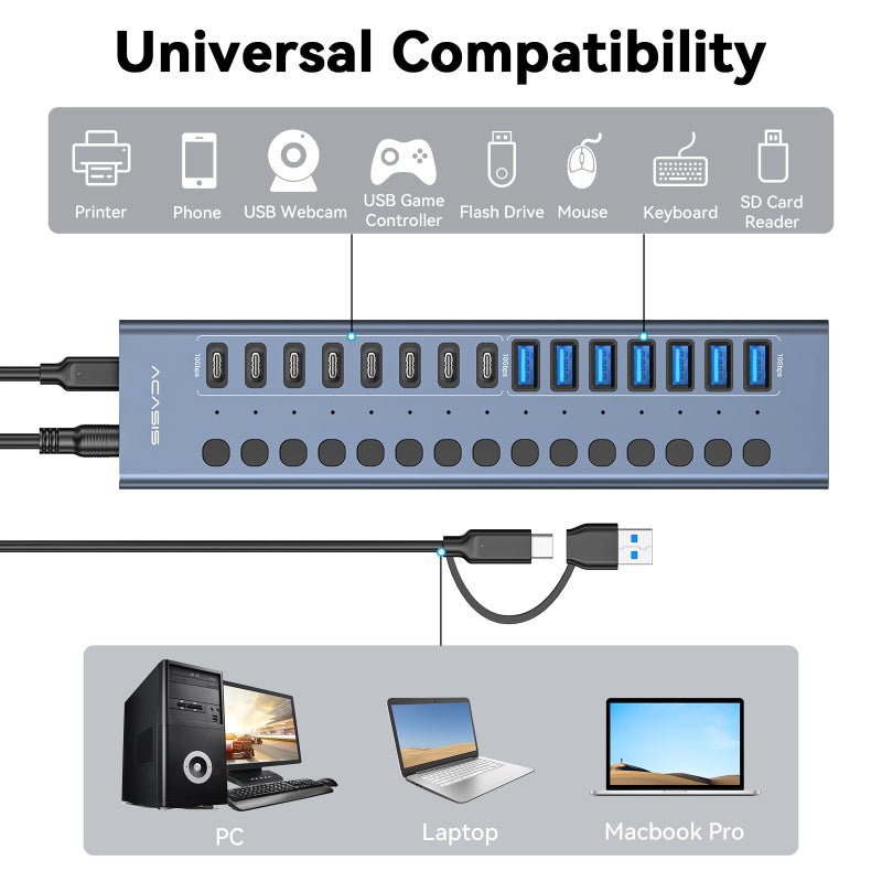 Acasis Powered USB 3.2 Hub, ACASIS 16 Ports USB 3.2 Hub(8 USB-A 3.2 Ports+8 USB-C 3.2 Ports), Aluminum USB Hub Powered with 96W Power Adapter, USB Hub for PC/Laptop, Computer, Flash Drive, Printer, Webcam - Image 5