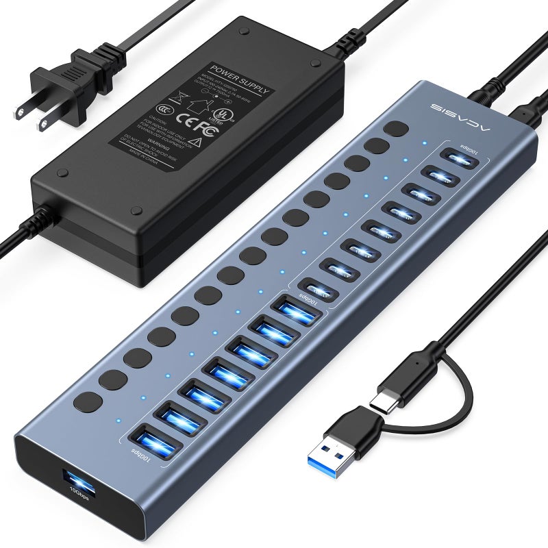 Acasis Powered USB 3.2 Hub, ACASIS 16 Ports USB 3.2 Hub(8 USB-A 3.2 Ports+8 USB-C 3.2 Ports), Aluminum USB Hub Powered with 96W Power Adapter, USB Hub for PC/Laptop, Computer, Flash Drive, Printer, Webcam - Image 1