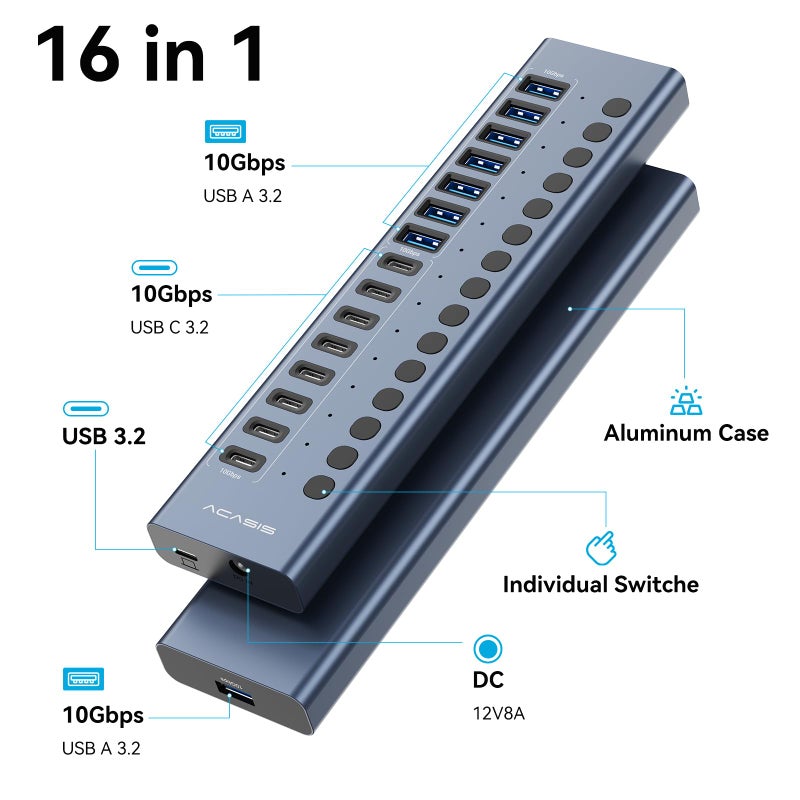 Acasis Powered USB 3.2 Hub, ACASIS 16 Ports USB 3.2 Hub(8 USB-A 3.2 Ports+8 USB-C 3.2 Ports), Aluminum USB Hub Powered with 96W Power Adapter, USB Hub for PC/Laptop, Computer, Flash Drive, Printer, Webcam - Image 2
