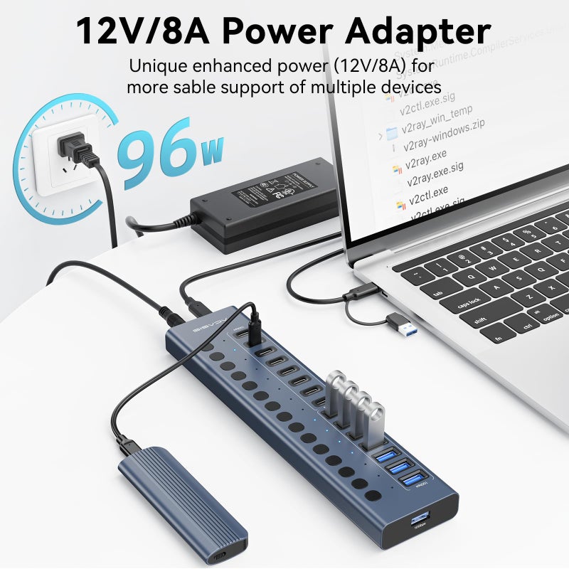 Acasis Powered USB 3.2 Hub, ACASIS 16 Ports USB 3.2 Hub(8 USB-A 3.2 Ports+8 USB-C 3.2 Ports), Aluminum USB Hub Powered with 96W Power Adapter, USB Hub for PC/Laptop, Computer, Flash Drive, Printer, Webcam - Image 3