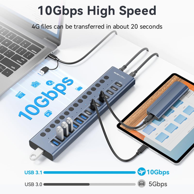 Acasis Powered USB 3.2 Hub, ACASIS 16 Ports USB 3.2 Hub(8 USB-A 3.2 Ports+8 USB-C 3.2 Ports), Aluminum USB Hub Powered with 96W Power Adapter, USB Hub for PC/Laptop, Computer, Flash Drive, Printer, Webcam - Image 4