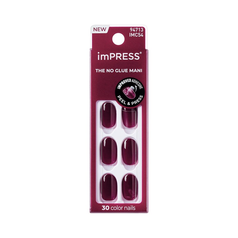 imPRESS Color Press On Nails, â€˜Over You', Solid Burgundy, Short Oval, PureFit Technology, Patented Super Hold Adhesive, Chip Proof, Smudge Proof, Mini Nail File, Manicure Stick & 30 Fake Nails - Image 1