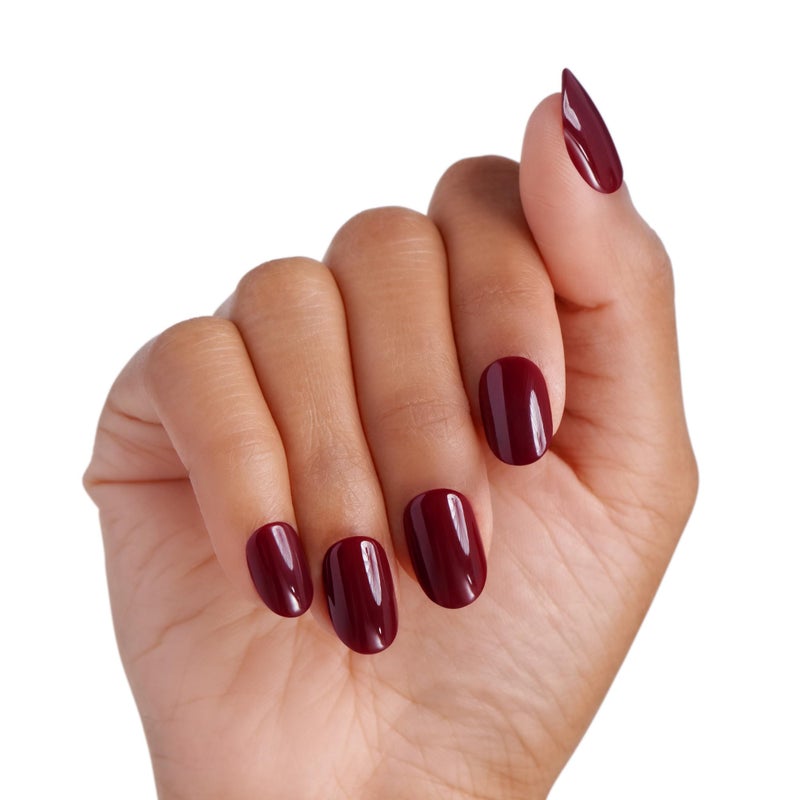 imPRESS Color Press On Nails, â€˜Over You', Solid Burgundy, Short Oval, PureFit Technology, Patented Super Hold Adhesive, Chip Proof, Smudge Proof, Mini Nail File, Manicure Stick & 30 Fake Nails - Image 2