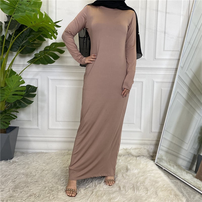 Arabic solid color long sleeve bottoming shirt dress womens 6532 Brown - Image 1