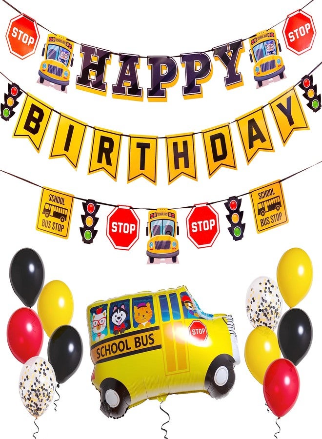 Pirese Wheels on the Bus Birthday Banner Kit, School Bus Party Decorations with Balloons, Yellow Bus Theme Decor for Kids Birthday Party - Image 1