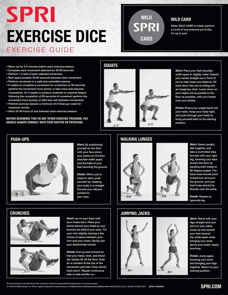 SPRI Exercise Dice (6-Sided) - Game for Group Fitness & Exercise Classes - Includes Push Ups, Squats, Lunges, Jumping Jacks, Crunches & Wildcard (Includes Carrying Bag) - Image 3