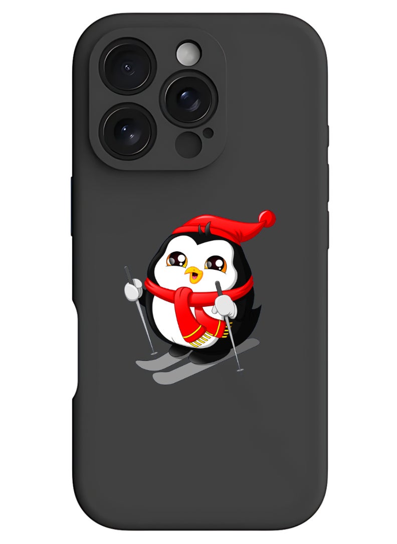 Theodor iPhone 16 Pro Max Black Protective Slim Fit Case Liquid Silicone Cover with Full Body Protection Anti-Scratch Shockproof Case For iPhone - skating penguin  - Image 1