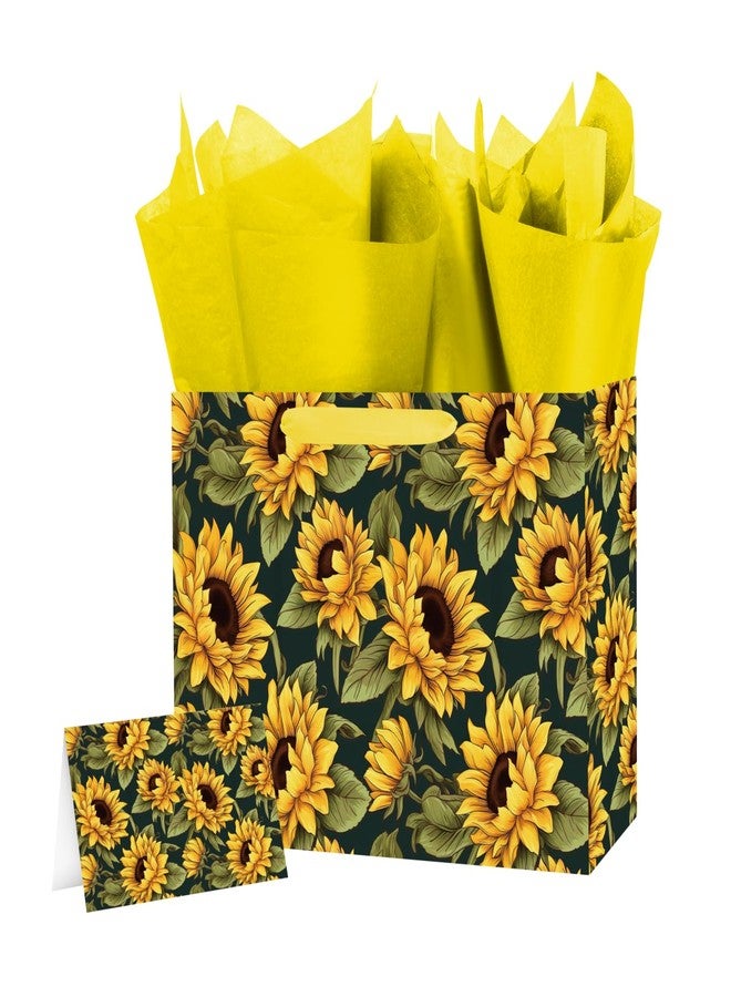 Linelglobal 12.6" Large Sunflower Gift Bag with Tissue Paper and Card, Sun Flower Theme Black Paper Bag with Envelope for Graduation Birthday Parties and Decorations - Image 1
