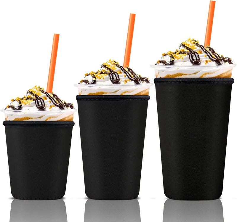 كي بي اكس Iced Coffee Cup Sleeve for Large Sized Cups, Reusable Neoprene Iced Coffee Cup Holder for Hot Cold Drinks, Compatible with Starbucks, Dunkin Donuts, and More (3 PK Sm-Med-Lg, Black) - Image 1