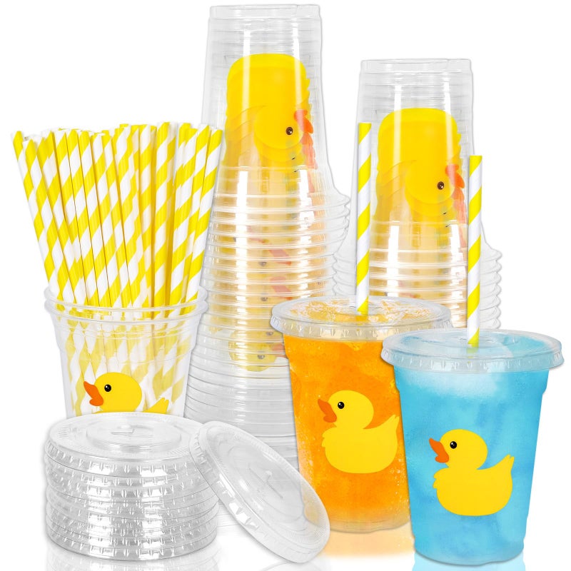Whaline 50Pcs Yellow Duck Plastic Cups with Lids and Straws 12oz Party Cups Cute Duck Beverage Drinking Cups for Birthday Summer Pool Beach Party - Image 1