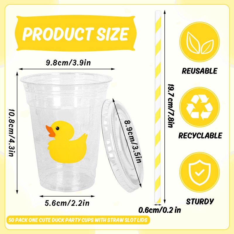 Whaline 50Pcs Yellow Duck Plastic Cups with Lids and Straws 12oz Party Cups Cute Duck Beverage Drinking Cups for Birthday Summer Pool Beach Party - Image 2