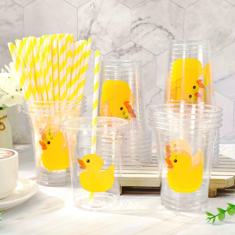 Whaline 50Pcs Yellow Duck Plastic Cups with Lids and Straws 12oz Party Cups Cute Duck Beverage Drinking Cups for Birthday Summer Pool Beach Party - Image 4