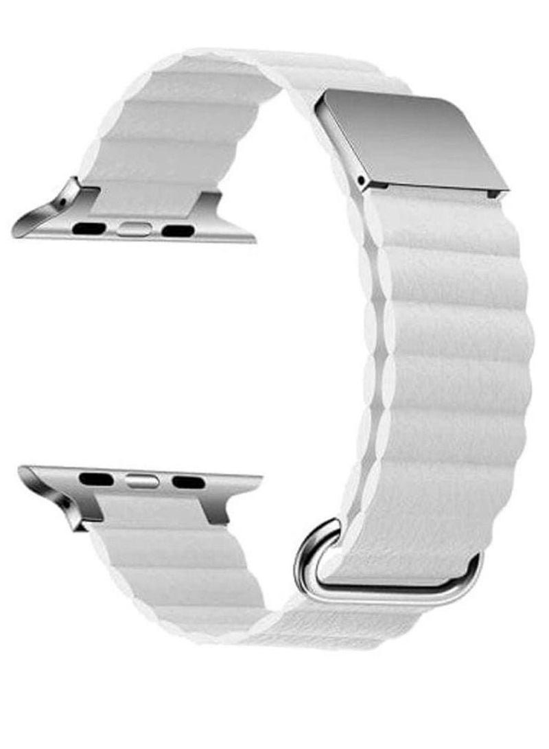 HuHa Magnetic Leather Loop Strap Watch Band for Apple Watch Ultra 49mm Series 8 45mm 44mm 42mm Leather Magnet Ultra Band Strap – White - Image 1