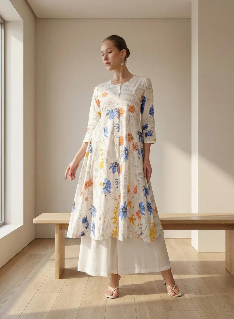 ISHIN Off White 100% Cotton Printed Relaxed A-Line Tunic & Full Length Palazzo Kurta Set For Women
