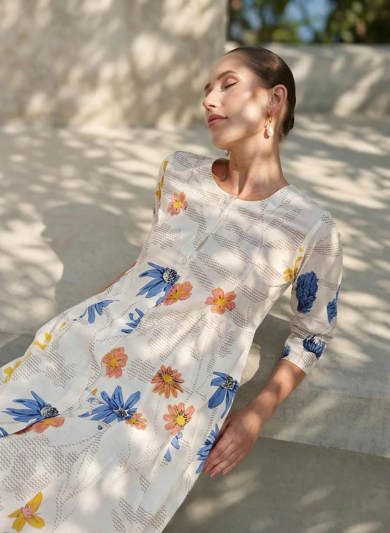 ISHIN Off White 100% Cotton Printed Relaxed A-Line Tunic & Full Length Palazzo Kurta Set For Women
