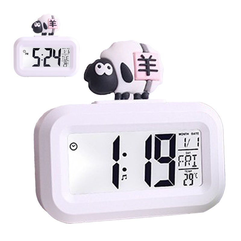 Electronic Clock Cute Cartoon LED Screen Desktop Electronic Alarm Data Time Calendar Temperature Clock White Sheep - Image 4